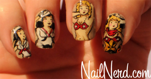 Sailor Jerry pin up girl inspired manicure on a base of OPI Did You &#8216;Ear About Van Gogh