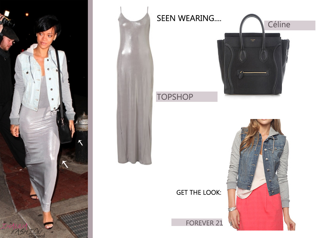 Rihanna seen at Da Silvano restaurant in New York in a Topshop maxi dress £20.00, paired with Manalo Blahnik sandal heels and a Celine luggage handbag. We couldn&#8217;t find her denim hooded wool jacket, but you can find similar versions from forever 21 £24.75 ( $40.00) and Zumiez.com for $39.95 (£24.71).