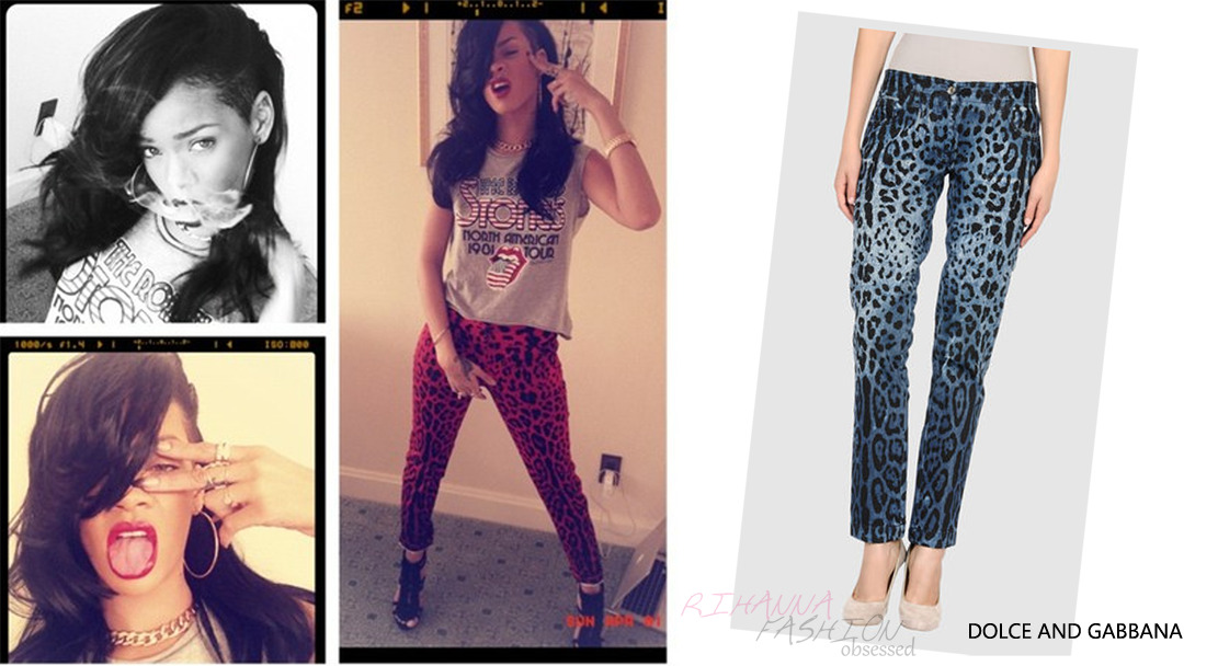 Rihanna shared a pic on instagram while in Japan early this month in a pair of Dolce and gabbana leopard print denim jeans in Red for $315.00. Grey Rollingstone print shirt is from River island for £20.00