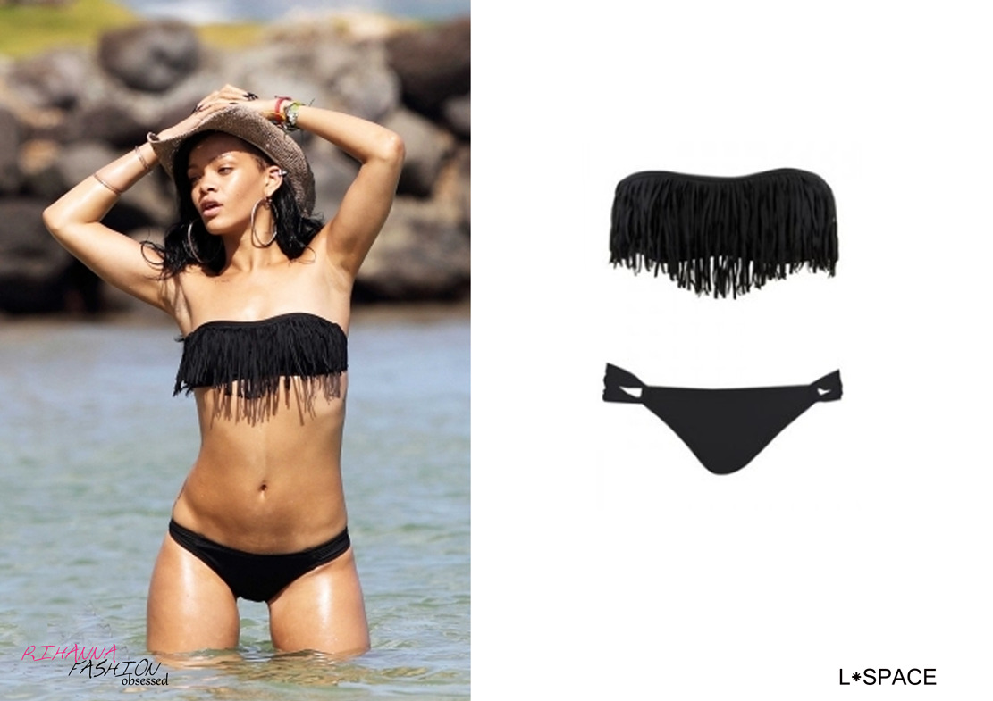 Rihanna enjoying a vacation in Hawaii in a fringe detail black bikini by L*space from all wet beachwear for $153.00. Click HERE to view item