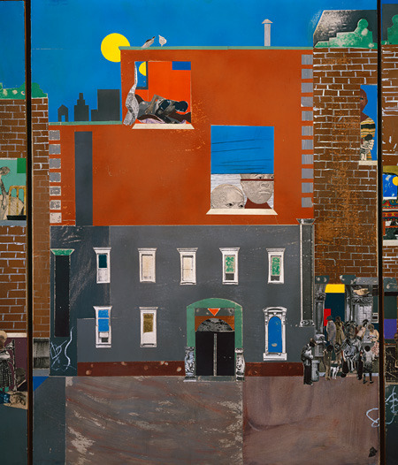 My favorite panel from Romare Bearden&#8217;s &#8220;The Block&#8221; (1971), which depicts Lenox Avenue between 132nd and 133rd streets in the Harlem neighborhood of Manhattan. (Coincidentally, I currently reside on Lenox between 131st and 132nd, so it strikes a special chord with me.) Notice the lovers and the pigeons.
Romare Bearden     American, 1911—1988
The Block, 1971
Cut and pasted printed, colored and metallic papers, photostats, pencil, ink marker, gouache, watercolor, and pen and ink on Masonite
Overall: 48 x 216 inches; six panels, each: 48 x 36 inches
     Check it out at the Met.