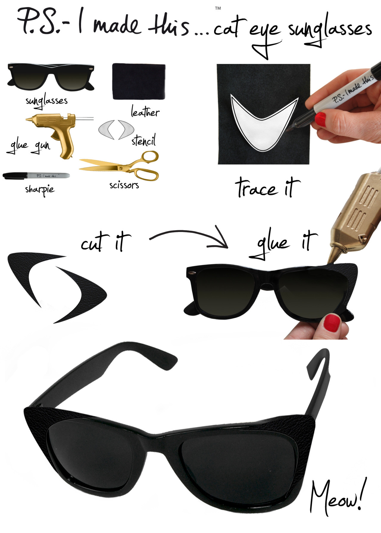 Step into the spotlight in the coolest of shades with a nod to retro Hollywood glamour. Tom Ford masters sexy chic with frames that bring stylish drama to any look, day or night. Make a statement and prove your future&#8217;s so bright with this purrrfect DIY. 
To create, re purpose an old pair of sunnies by adding a shapely accent. Decide on the shape and style for your pattern and trace onto paper. Create two of these and &#8220;test&#8221; on your sunglasses to make sure you&#8217;re happy with the shape and size. Trace the pattern onto a think black piece of fabric or leather.  Use glue to secure onto each frame.