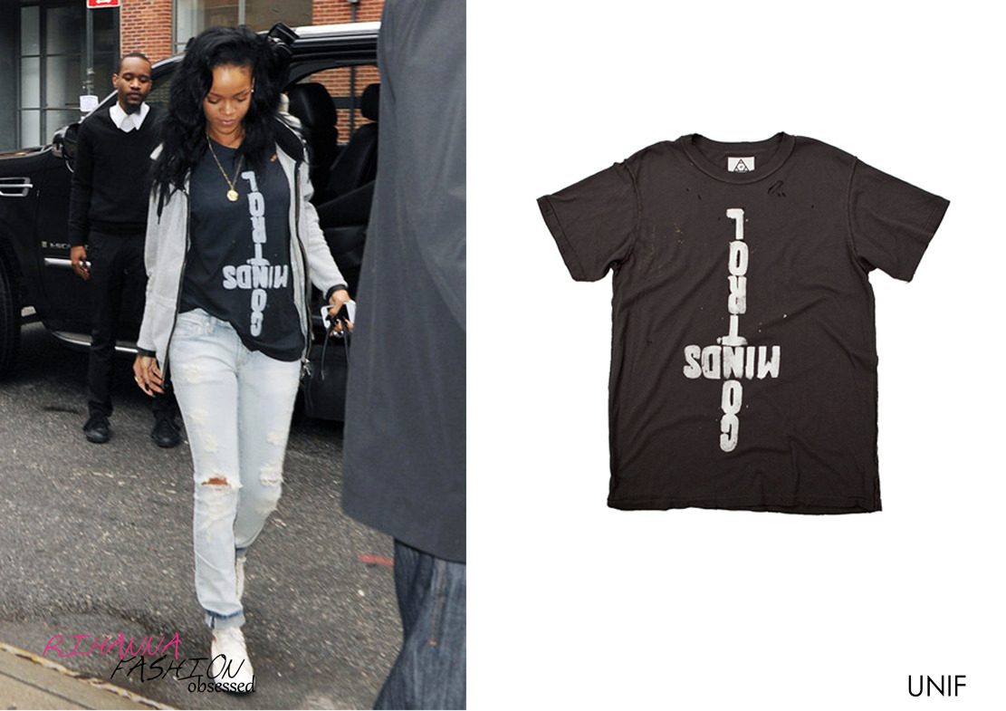 Rihanna seen arriving at a studio for her SNL rehearsal in a UNIF faded black tee which reads &#8216;Control Minds&#8217; available from their main site www.unifclothing.com for $62.00, worn under a grey sweater. Followed by a pair of Comme des garcons white converse and accessorised with a Celine handbag.