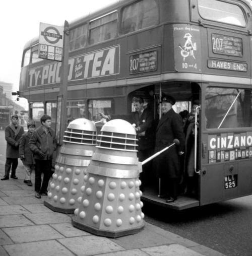 Daleks trying to get on a London bus in the 1960s