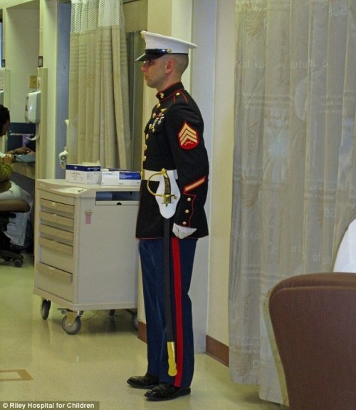 Indiana: 12-Year-Old Boy Made Honorary Marine Before Succumbing To Cancer-Related Infection, Local Marine Stands Guard At His Hospital Door Entire Night Before He Passed Away…
12-year-old Cody Green has always admired the strength and courage of the marines. At 12:35 Saturday afternoon, it was the Marines admiring the strength and courage of Cody.
Cody had leukemia since he was 22 months old, but beat the disease three times. Although he was cancer-free, the chemotherapy lowered his immune system and Saturday afternoon, he died from a fungus that attacked his brain. Members of the Marines decided to step in and do something.
“They decided Cody, with the strength and honor and courage he showed through the whole thing, he should be a Marine,” said Cody’s father David Snowberger.
Cody was given Marine navigator wings and was made an honorary member of the United States Marine Corps. For one Marine, that wasn’t enough, so he did even more.
“The night before Cody passed, he stood guard at Cody’s door at the hospital all night long for eight hours straight,” said Snowberger.
