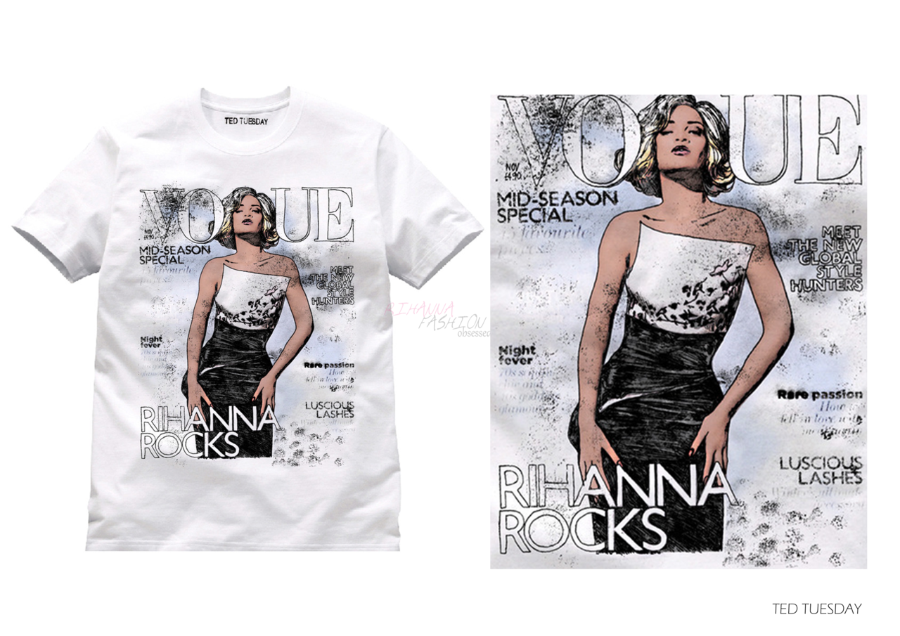 Ted Tuesday printed T shirt from his spring/summer 2012 collection. Features the November 2011 issue of British Vogue featuring Rihanna in designer Armani Prive. You can purchase this from his store HERE for £35.00&#160;(international shipping also included). He also has other designs which are pretty cool :) Check out his site HERE