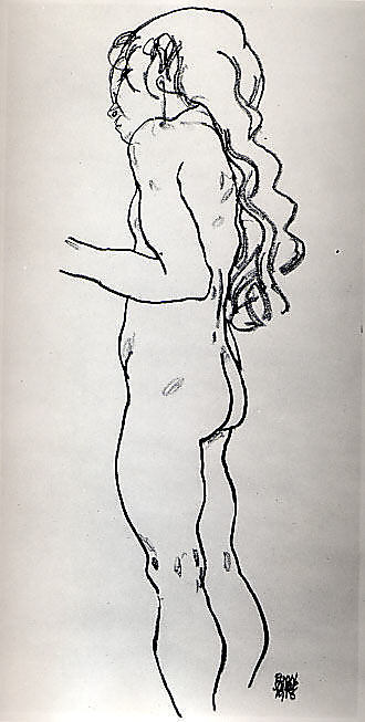 Standing Nude Girl, Facing Left
Egon Schiele  (Austrian, Tulln 1890–1918 Vienna)
Date: 1918
Medium: Charcoal on paper
Dimensions: H. 17-3/4, W. 11-5/8 inches (45.1 x 29.5 cm.)