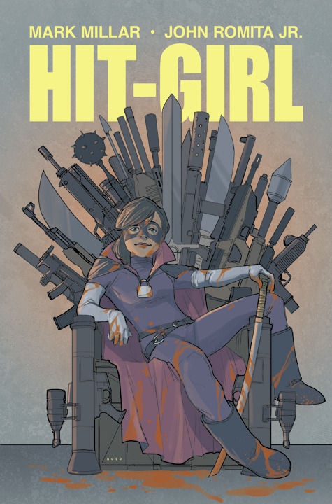 HIT-GIRL - The variant cover for the first issue of Hit-Girl from Mark Millar and John Romita Jr. This was one of those assignments where I would have paid THEM to work on it. Inspired by Game of Thrones, an early sketch had an impaled Joffrey-like head on the ground :)