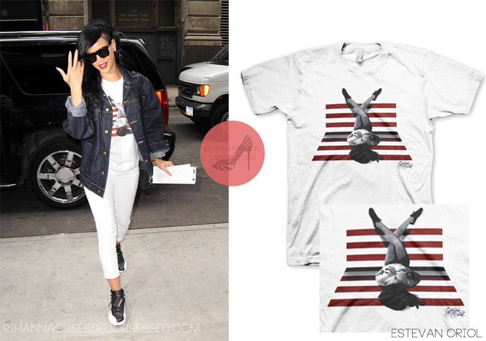 April 24th: Rihanna in NYC seen arriving at her hotel. Looking casual in an oversized blue denim jacket, worn with a pair of cropped skinny jeans by Goldsign which was posted HERE. On top of that she wore a print stripe tee by photographer Estevan Oriol for $26.00 available from merchmethod.com (she was also spotted with another shirt by the same photographer, which she posted on her instagram page). She completed her look with a pair of air Jordans.