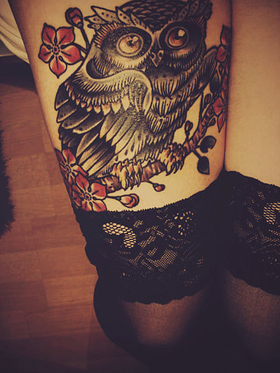 owl tattoo leg thigh girl