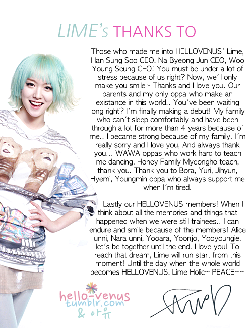 


Lime’s ‘Thanks To’ message from the Hello Venus album.(Translated by Ayu)


