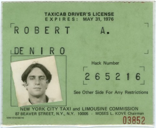 dash7:

(via Robert De Niro’s Taxicab License, 1975 | Retronaut)