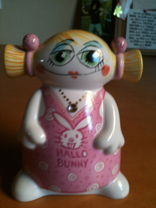 My thoughtful BF tries to find me bunny-themed items on his travels (childhood nickname is Bunny Foo Foo).  He found this gem somewhere overseas and until we opened the box she came in, didn’t realize her face would frighten small children.  Hallo Bunny?  We laughed for days.-Submitted by Carrie