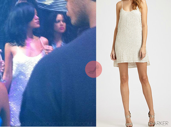 Rihanna spotted at LIV nightclub, Miami. Looking gorgeous in a Parker, sequined detail scoopneck backless dress. Available to purchase from shopbop.com or Saks.com for $374.00