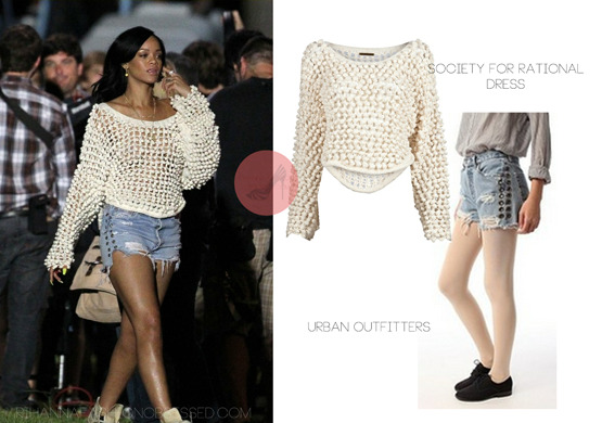 Rihanna looking great at the shooting of &#8216;The End Of The World&#8217; directed by Seth Rogen set to be released next May 2013. She was spotted wearing a pair of Urban outfitters renewal levi denim cut off shorts, worn with a hand knit oversized pull over sweater by society for rational dress available from farfetch for £429.00. She completed her look with a pair of all star converse.