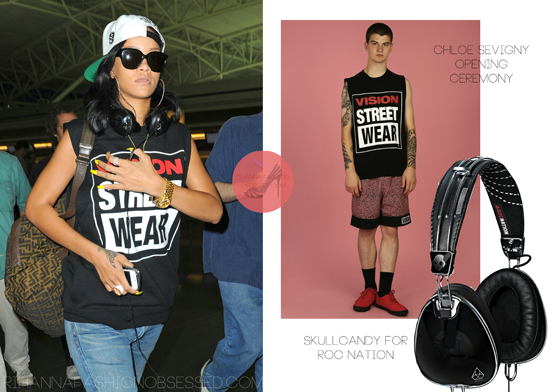 Rihanna spotted at JFK airport wearing a Chloe Sevigny for Opening Ceremony &#8217;vision street wear&#8217; sleeveless sweatshirt, which currently isn&#8217;t available anymore but you can view her collection at openingceremony.com.  Vision street wear is a brand which celebrates skateboard culture and you can visit the site HERE. Rihanna was also spotted with a Skullcandy over ear headphones the brand collaborated with &#8216;Roc Nation&#8217; to create different designs in colours black,red, brown and white. She was spotted with a brown version 2 years ago. They are still available to purchase from the main skullcandy site (depending where you live prices may vary) currently on sale for $149.95 -£149.99. Click HERE to view site.
She also finished her look with a Trapstar snapback and a Fendi backpack.

