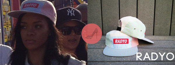 Rihanna was spotted at the Santa Monica Pier wearing a striped snapback by streetwear brand Radyo. The snapback is available for $32, click  here to purchase it.