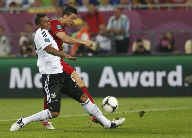 In-fighting Boateng/Cristiano.
Portugal vs. Germany, EURO 2012&#160;09.06.2012(via Euro 2012 Photos | Pictures - Yahoo! Sport UK)