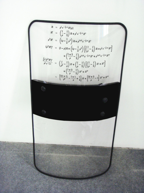 RIOT SHIELD WITH COMPLEX MATHEMATICAL EQUATION USED IN FINANCIAL MARKETS CONTAINING DERIVATIVE INVESTMENT INSTRUMENTS, 2012
Sculpture
~