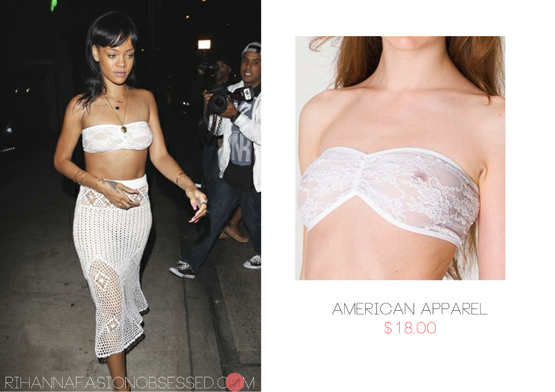 Update: Last month Rihanna was spotted in Los Angeles at her favourite restaurant. As mentioned in our last post she wore a UNIF knit skirt with that she wore an American Apparel lace bandeau which she seems to love because she was seen in the same brand this week