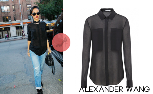 Rihanna was spotted arriving and leaving Da Silvano Restaurant in NYC wearing a sheer silk shirt for£146.99 by T by Alexander Wang collection. The features soft sheer silk with double cuffs and removable cuff links, it also features front and back panelling for an added designer touch.