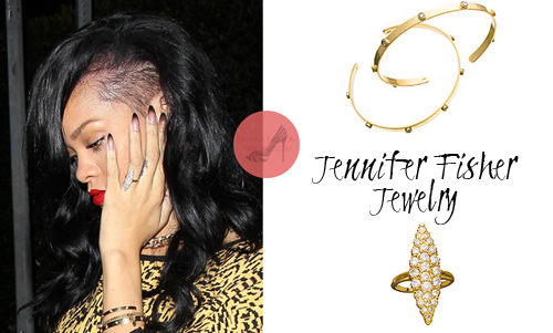 Back in April when Rihanna was seen leaving Giorgio Baldi restaurant in Santa Monica, California, Rihanna had on18k gold pieces from Jennifer Fisher Jewelry. Rih has on a pavé white diamond marquis ring and has been seen in it several times, while she has on her arm   two Organic Stud Cuffs with white diamonds.

credit to hor
