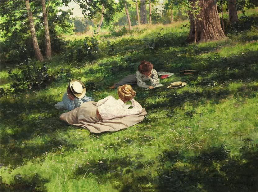 poboh:

Reading women in summer landscape, Johan Krouthén. Swedish (1858 - 1932)