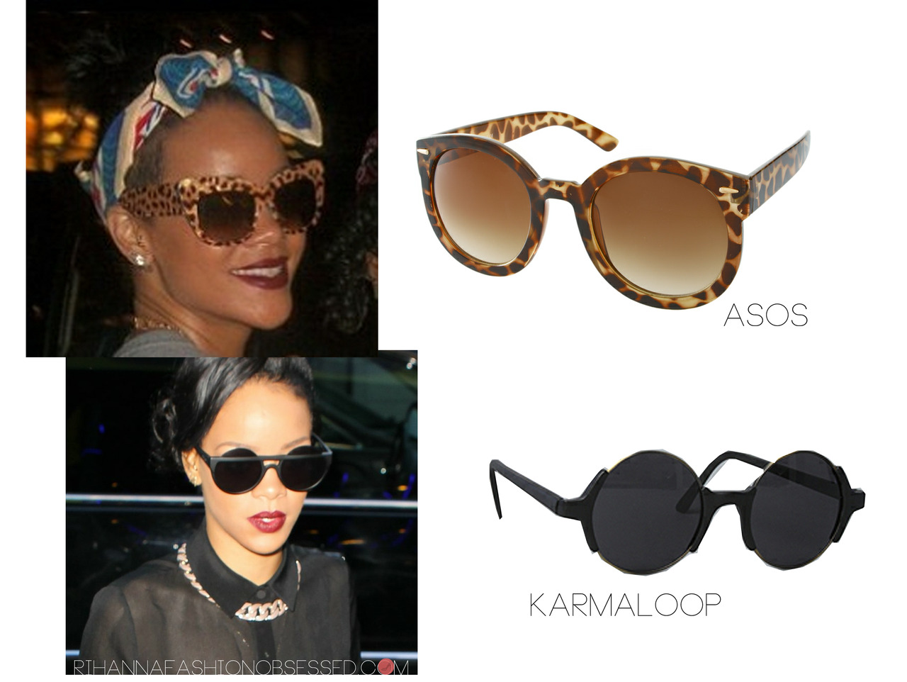 Get the inspired look: This month Rihanna has been spotted wearing a few interesting eyewear that has has caught our attention. She wore a pair of muffin top shades by Henry Holland for Le Specs and a pair of leopard oversized Anna-Karin Karlsson complementing her outfits. Get yourself similar versions (cheaper)&#8230;
ASOS oversized retro sunglasses -  £12.00&#160;($19.88)
Karmaloop replay vintage sunglasses - $20.00&#160;(£12.76)