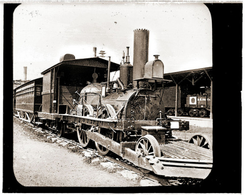 A lantern slide of the 1831 Locomotive “John Bull” at the Centennial International Exhibition in Philadelphia in 1876 by crackdog on Flickr.