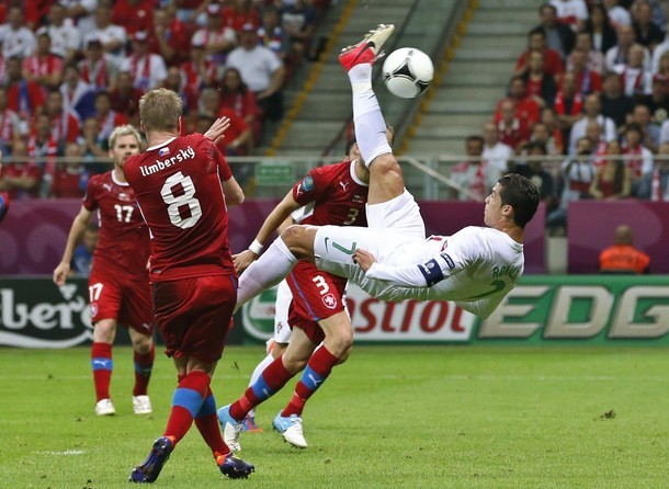 Flying Cristiano.
EURO 2012&#160;1/4 final Portugal vs. Czech Republic, 21.06.2012. Half-time 0:0(via Photo from AP Photo)