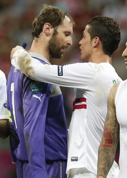 Sportsmanship. The captains after the big match.They know each other very well from the Premier League.
EURO 2012 - 1/4 final Portugal vs. Czech Republic 1:0, 21.06.2012(via Photo from AP Photo)