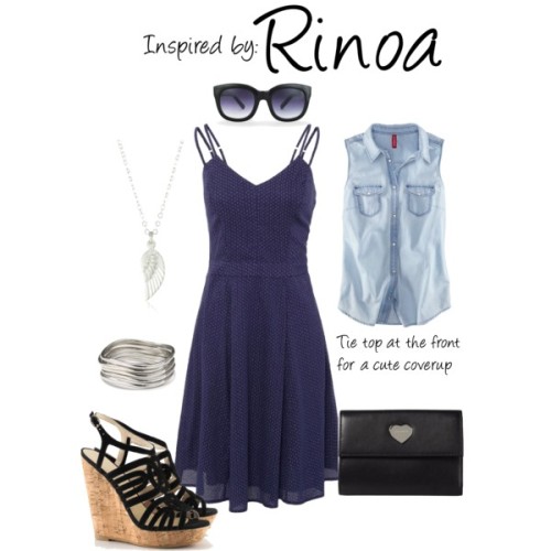 Rinoa (Final Fantasy) by ladysnip3r featuring cat eye sunglasses This outfit is inspired by Rinoa of Final Fantasy. I chose to layer a summer dress with a cropped denim tank. Tie the front of the shirt to create a cute summer looks. I also chose wedges and a matching clutch that imitates her in-game outfit. (Reference Image) Firetrap dress, £39H M sleeveless shirt, £15H&amp;M platform heels, £30Coccinelle wallet, $87Dogeared Jewels Gifts pendant necklace, $68Cuff bangle, $38Vince Camuto cat eye sunglasses, $65 