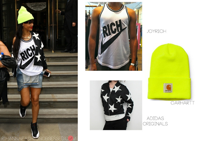Rihanna spotted leaving her London hotel today wearing a bright coloured Carhartt beanie hat ($8). She also wore a Adidas track jacket CS pleat jacket  , a jersey version of that can be found HERE for £50.00. Under that she wore a familiar brand &#8216;Joyrich&#8217; a athletic jersey tank top from spring/summer 2012 collection.
She then completed her look with a pair of Nike air Jordan&#8217;s and Melody Eshani&#8217;s &#8216;Queen of the jungle&#8217; chunky lion necklace&#8217;.