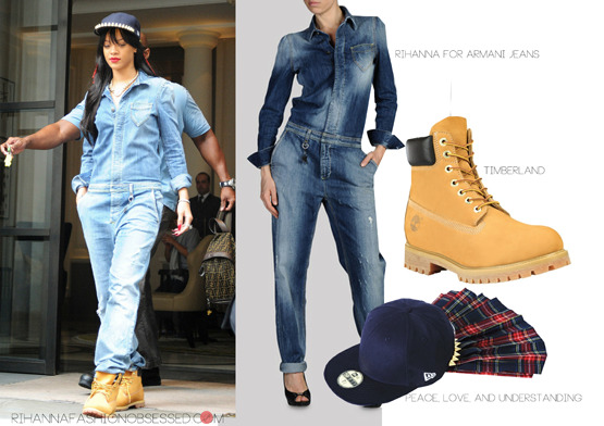 Rihanna spotted leaving her London hotel today wearing her own design from the Armani capsule collection &#8216;denim dungaree&#8217; available HERE She mixed it up by wearing a pair of Timberlands and Korean brand peace, love and understanding spike rim hat with a detachable flap. Also spotted wearing Melody Eshani&#8217;s &#8216;queen of the jungle necklace&#8217;, which she seems to love!