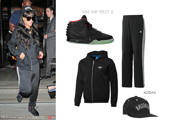 Black from head to toe Rihanna is spotted leaving a her London hotel heading for the Gym in a Adidas Brooklyn nets black cap for $27.99, worn with a  hooded flock track top $60.00&#160;by Adidas originals and also by the same brand a pair of tracksuit bottoms, a similar version can be found here for $55.00. Lastly Rihanna completed her look with a few familiar items such as a pair of Nike air Yeezy II by Kanye West and Melody Eshani&#8217;s &#8216;Queen of the jungle&#8217; chunky necklace $69.00.