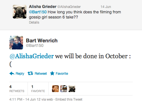 Q: How long you think does the filming from gossip girl season 6 take??A: we will be done in October :( 