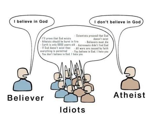 Están los creyentes, que creen y punto: PERFECTO.
Están los ateos, que no creen y punto: PERFECTO.
Luego están los tocapelotas gilipuertas, tanto ateos como creyentes, que discuten entre ellos por ver qué grupo la tiene más grande: JODIDAMENTE MAL.