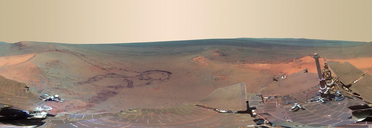 thedailyfeed:  It’s the “next best thing to being there.” At least, that’s what NASA said about this new, 360-degree panoramic view of Mars released yesterday. The image is a composite of 817 photographs taken by NASA’s Opportunity rover, which celebrated its 3,000th day on the Red Planet on Monday.  You’re doing great, little guy. You’ll have a friend up there soon.