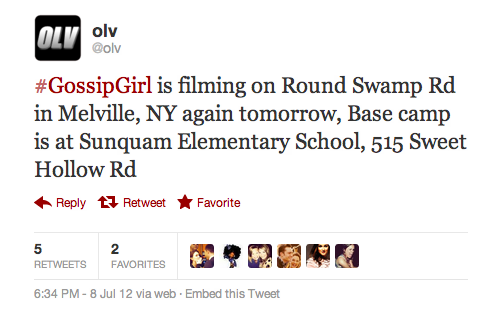 ‪#GossipGirl‬ is filming on Round Swamp Rd in Melville, NY again tomorrow, Base camp is at Sunquam Elementary School, 515 Sweet Hollow Rd (July 8)