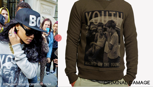 Rihanna made her way out of her hotel in London, England, heading her way to headline the Barclaycard Wireless Festival 2012 at Hyde Park. Rihanna is  wearing a £30.00 Boy London cap that is followed by a gray £39.99 Criminal Damage Sweater (which is also available in charcoal).