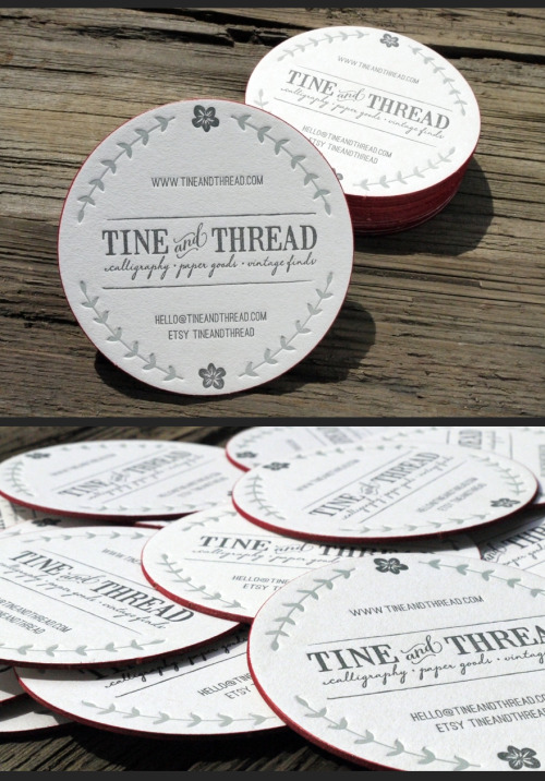 2 color letterpress round coaster business card w/ red edge printcreated by Print&amp;Grain