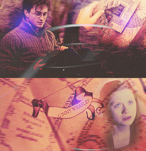 
[…]after a while Harry found himself taking it [the map] out simply to stare at Ginny’s name in the girls’ dormitory, wondering whether the intensity with which he gazed at it might break into her sleep, that she would somehow know he was thinking about her, hoping that she was alright. 
