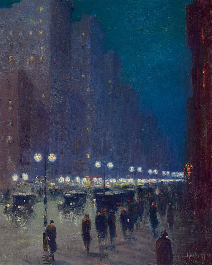 poboh:

&#8220;Lower Fifth Avenue at Night&#8221;, Guy Wiggins.
American Impressionist Painter (1883 - 1962)
