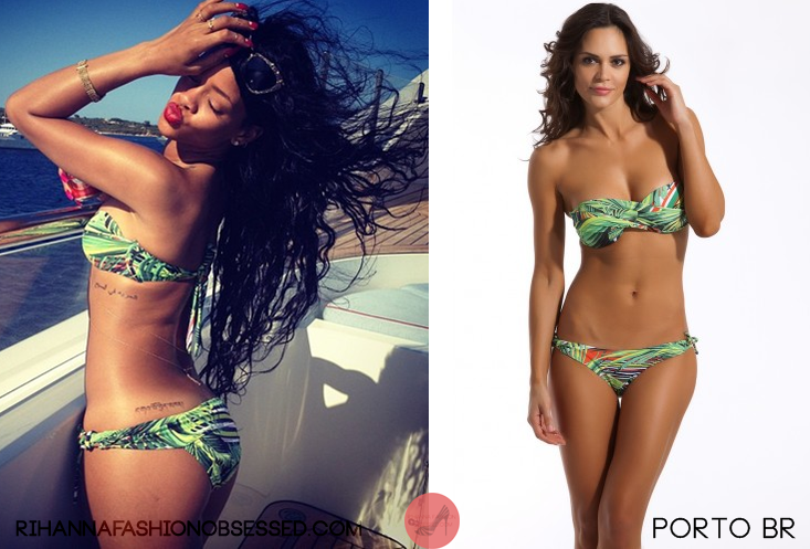 Rihanna was on a yacht in Porto Cervo, Sardinia, Italy wearing a €58.37 Norwegian Rio Bikini Green Palms by Porto Br.
Rihanna received this bikini as a gift when she was in Oslo for the Kollen Festival back in June a month ago.
Thank you lostinwondderland for the tip!