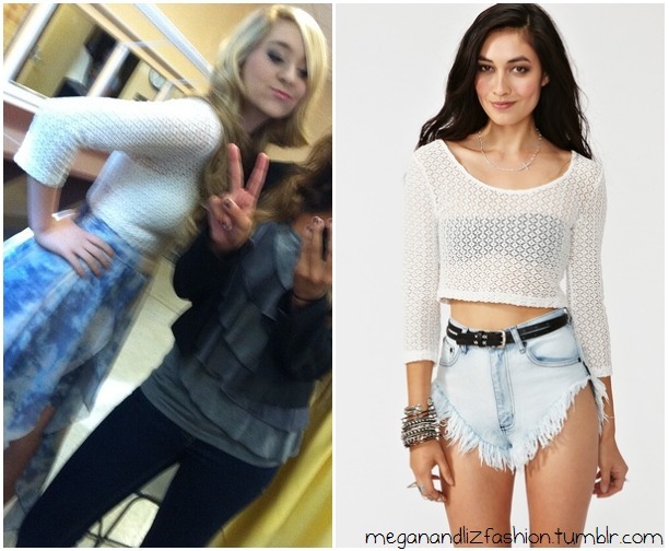 This is the cute white lace croptop wears in a photo with Andrea Russet.  She reblogged it on their official tumblr. (check out the post here)You can buy it HERE for $29.99 from Urban OutfittersYou can also buy it HERE for $20.00 from Nasty Gal