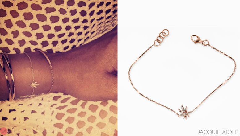 More jewellery by Jacquie Aiche: Almost two months ago Rihanna shared a pic on instagram, expressing what she loves by showing off her 14k white diamond sweet leaf bracelet. This bracelet is on sale for $790.00 from Jacquie&#8217;s online store. 