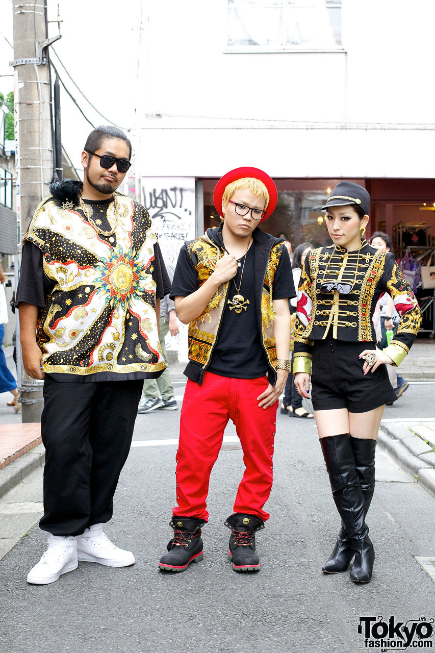 tokyo-fashion:

The indie J-Pop group Loco Mack wearing remake Versace &amp; So What? on the street in Harajuku.
