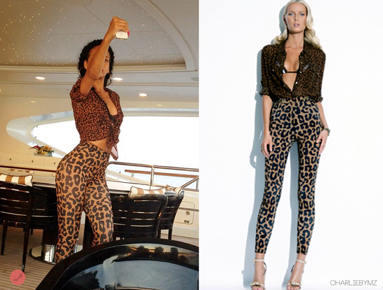 More holiday snaps from St. Tropez, France this time by Rihanna&#8217;s close friend , who snapped a pic of Rih who was spotted taking a snap of herself too. Once again showing love for leopard prints and love for Charlie by Matthew Zink&#8217;s designs in a pair of leopard leggings with a matching silk top both from his resort 2012 collection. Cute look!
More leopard looks below:





