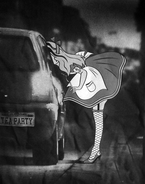 Alice in Wonderland looking into the window of a car with a Tea Party bumper sticker