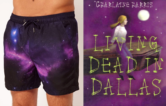 The book: Living Dead in Dallas by Charlaine Harris. <br /><br />The first sentence: “Andy Bellefleur was drunk as a skunk.”<br /><br />The bathing suit: Space Print Swimshorts by River Island from ASOS. $41.43.